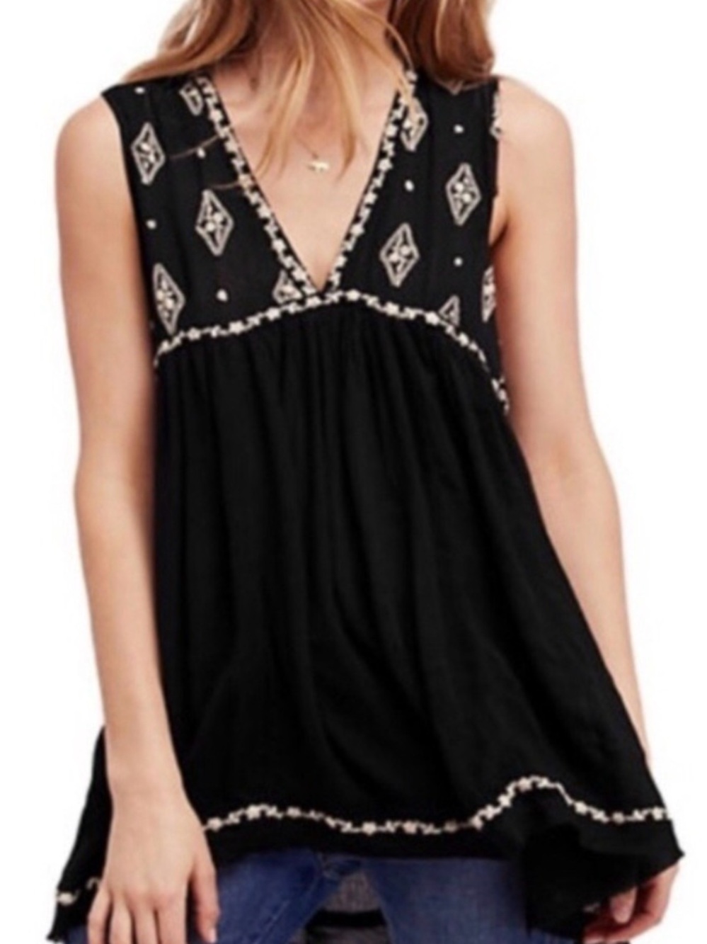 Free People Black Diamond White Embroidered Top Flowy Tunic Lace Tank XS 💎 EUC